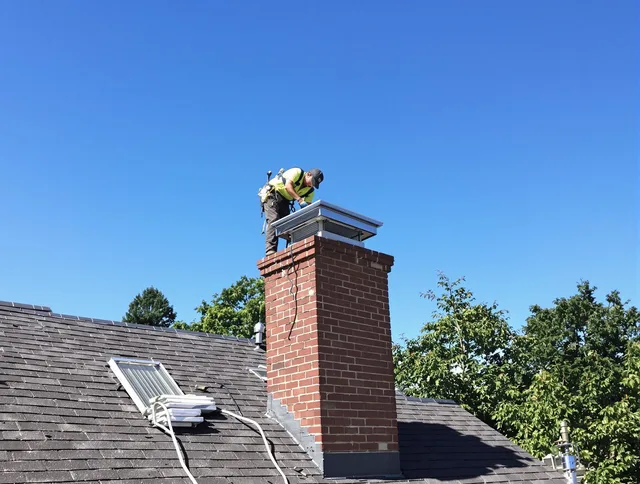 Waterbury Chimney Sweep technician measuring a chimney cap in Waterbury, CT